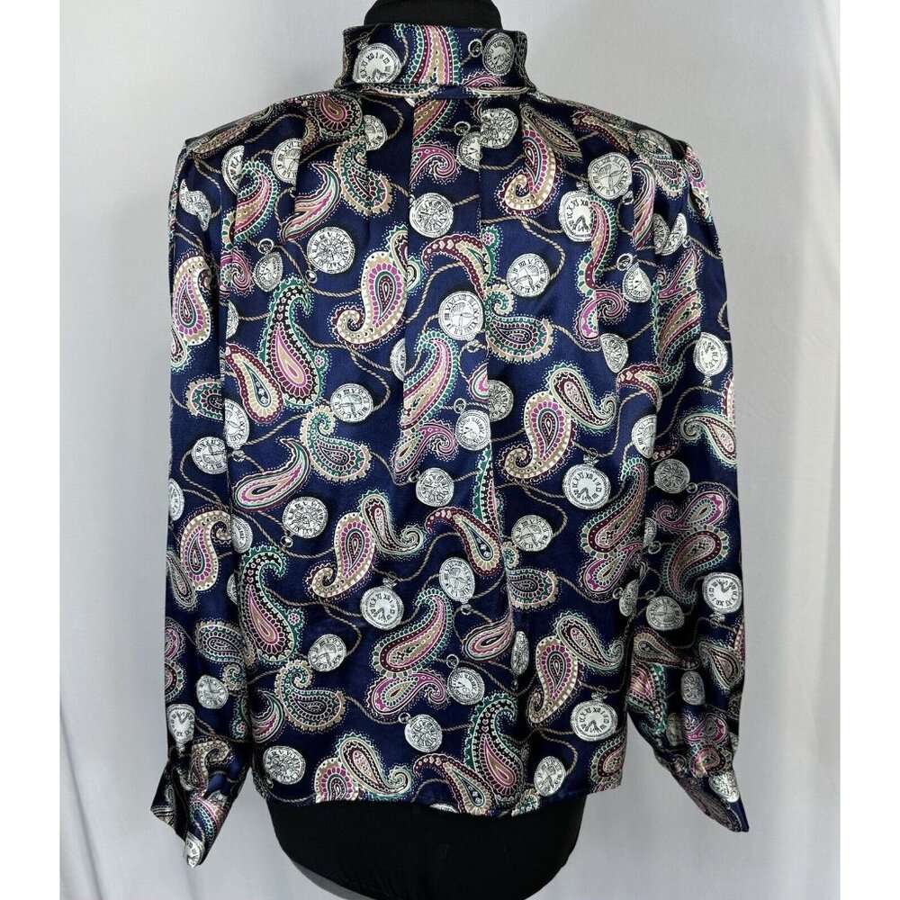 Vintage Anna Kriste Petites High Neck Blouse Blue Paisley 80's Secretary 14P